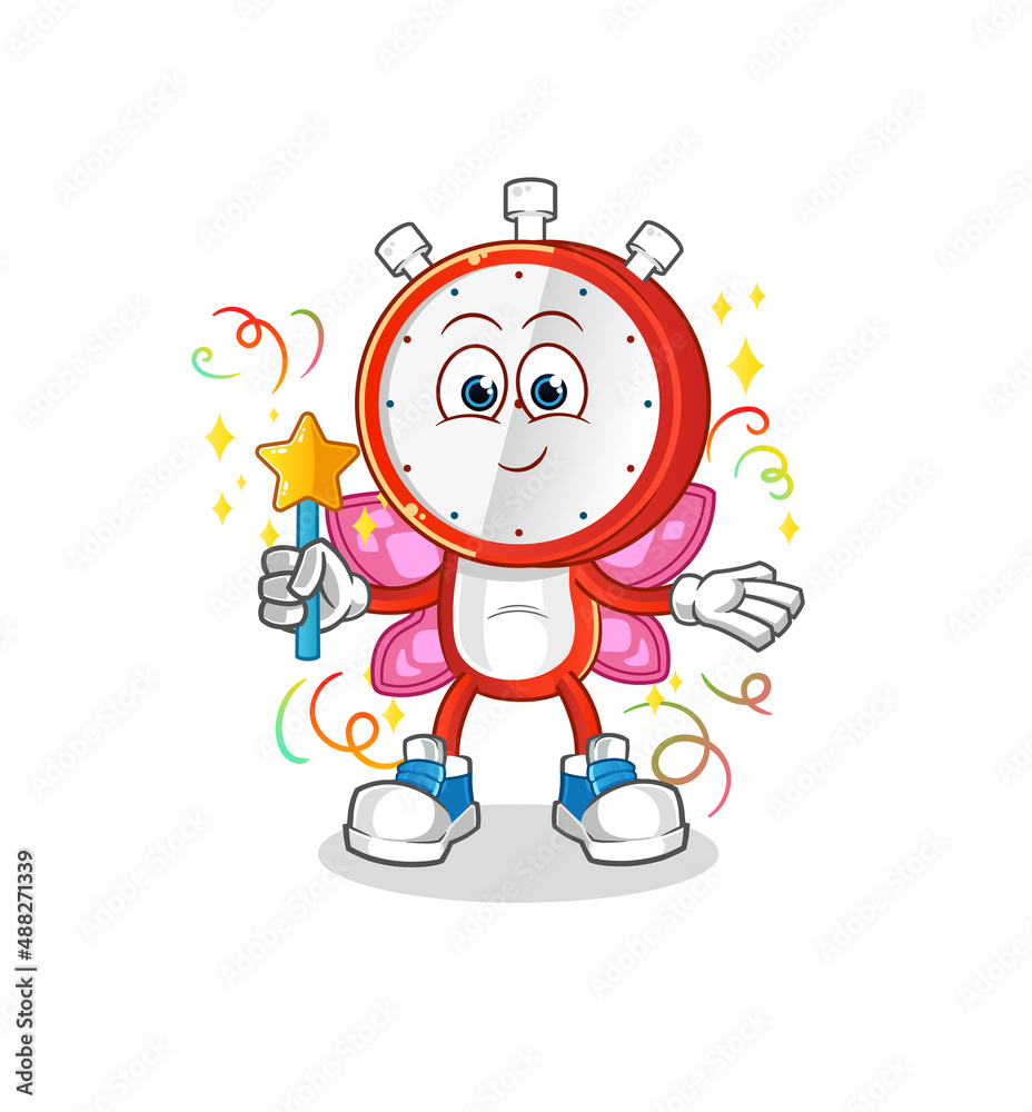 alarm clock head cartoon fairy with wings and stick. cartoon vector alarm clock head cartoon fairy with wings and stick. cartoon vector