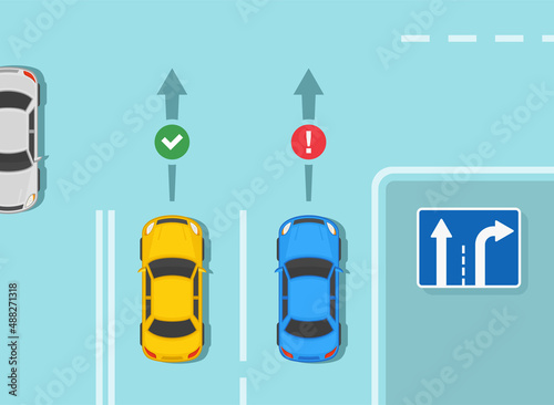 Safety car driving rules and tips. Lane direction road sign meaning. Correct and incorrect movement in lane. Straight ahead and right-turn lane. Flat vector illustration template.