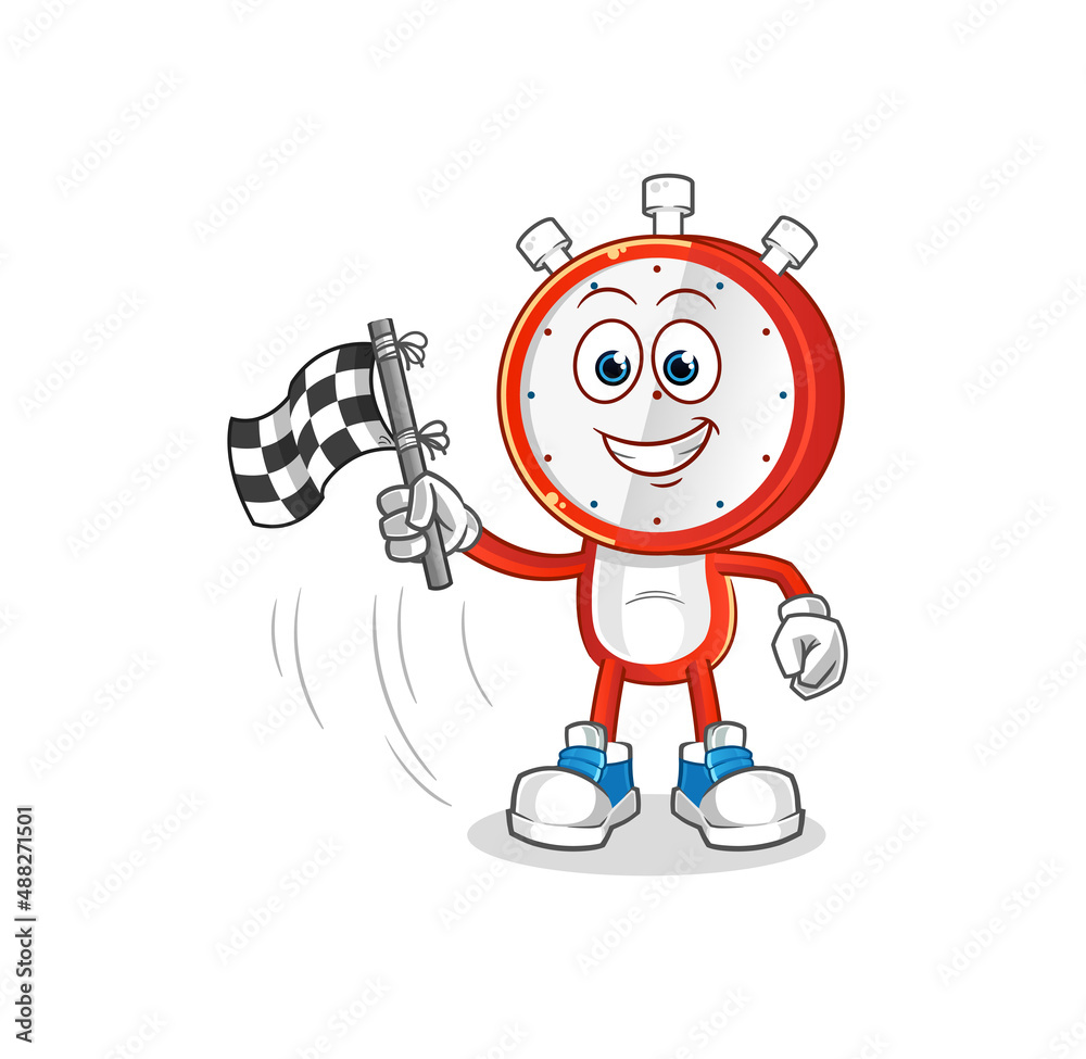 alarm clock head cartoon hold finish flag. cartoon mascot vector