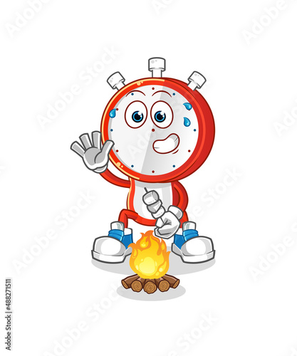 alarm clock head cartoon roasting marshmallows. cartoon vector