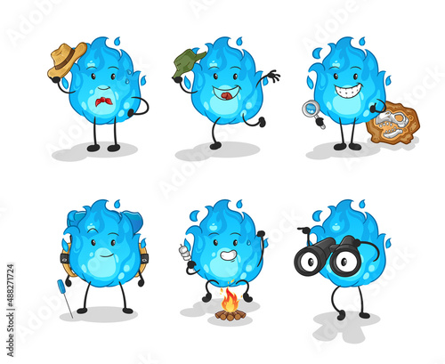 blue fire adventure group character. cartoon mascot vector