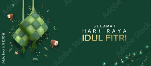 3D Realistic Hanging Ketupat in Green Monotone Background suitable for Eid Mubarak Template Vector Illustration