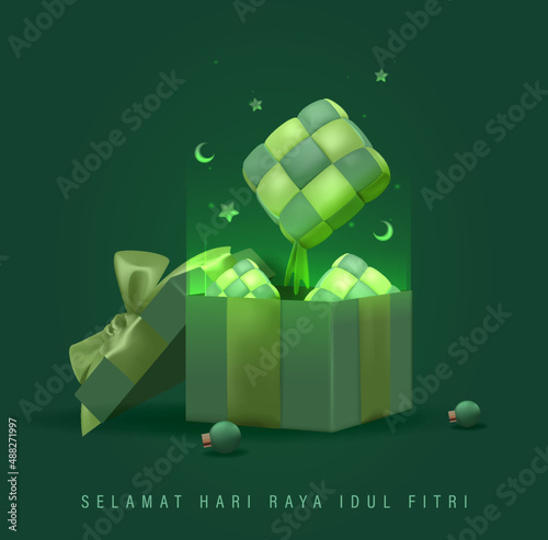 Eid Mubarak 3D Realistic Design, Open gift box full of 3D Realistic Ketupat, Eid Al Fitr gifts box realistic 3d design