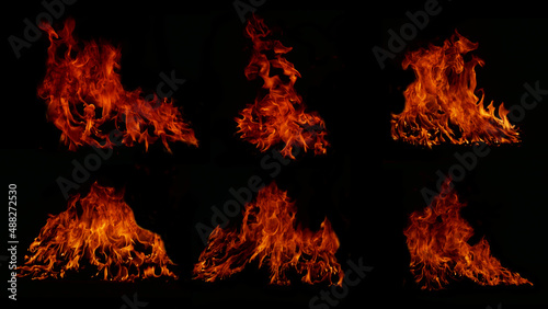 A collection of 6 flame images.Flame Flame Texture for whimsical fire backgrounds. Flame meat that has been burned from the stove or from cooking danger feeling abstract black background.