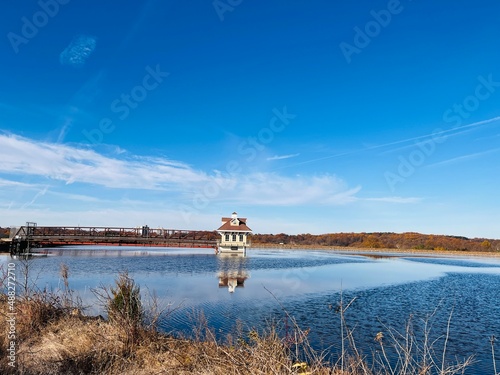 landscape with lake and blue sky