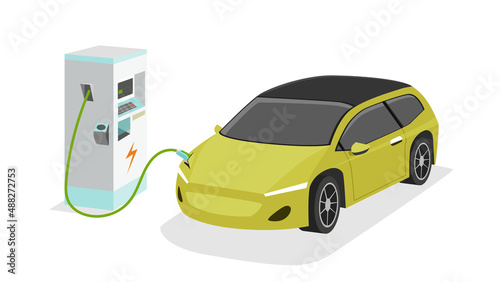 Fototapeta Naklejka Na Ścianę i Meble -  Electric Vehicle sport car charging parking at the charger station with a plug in cable.  Charging in the top side of car to battery. Isolated flat vector illustration on white background.