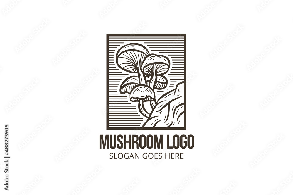 mushroom logo design template. retro style with monochrome flat brown color. outline design icon with horizontal stripped pattern