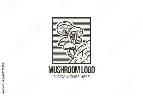 mushroom logo design template. retro style with monochrome flat brown color. outline design icon with horizontal stripped pattern