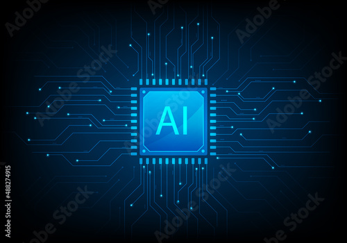 ai cpu digital technology on blue background. artificial intelligence computer. vector illustration abstract futuristic hitech style. computing processor board chip wallpaper. photo