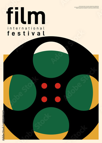 Movie poster design template background with vintage film reel
