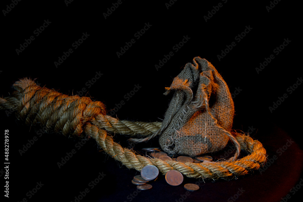 30 silver coins and a gallows, symbols of the betrayal of Judas - obrazy, fototapety, plakaty 