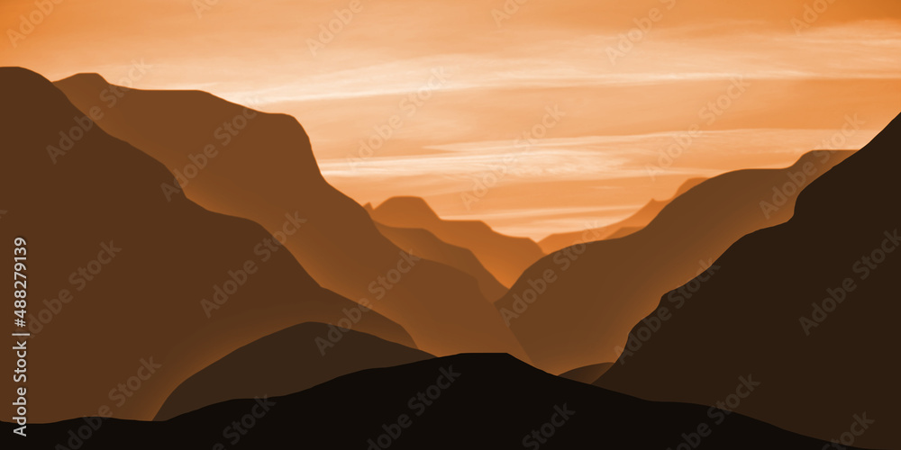 Panoramic Landscape of Maintains Valley. Series of foggy Maintain at sunset 
