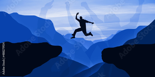 Business Challenge Maintain Concept. Young Businessman Jumping Overt valley Cliff. Motivation and Inspiration 