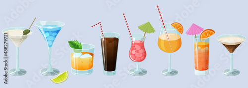Cocktail set on a light blue background.Alcoholic beverages in glasses and glasses.Daiquiri, martini, margarita, cosmopolitan, Long Island, blue lagoon and Pina colada.Vector illustration.