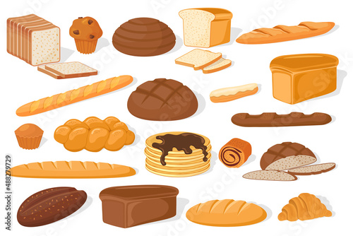Fresh bread and rolls.Confectionery products.Croissant and French baguette, loaf of bread and pancake.Sandwich bread and rye loaves.A set of vector illustrations made of flour.Bread shop assortment .