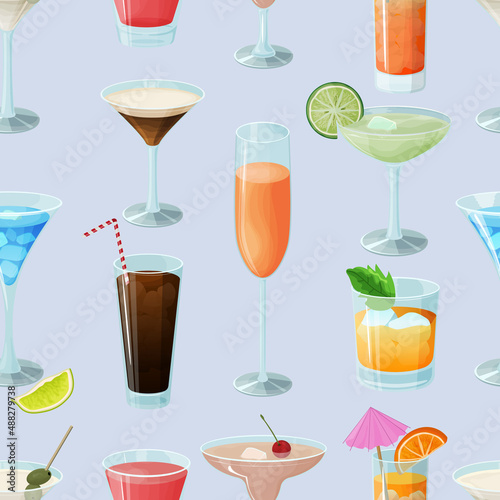 Seamless pattern with alcoholic cocktails.Alcoholic beverages in glasses and glasses.Daiquiri, martini, margarita, cosmopolitan, Long Island, blue lagoon and Pina colada.Vector illustration.