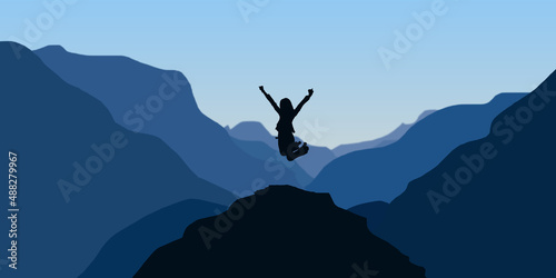 Silhouette of a Businesswoman jumping on the top of maintain. Young Woman Challenge and Success Concept 