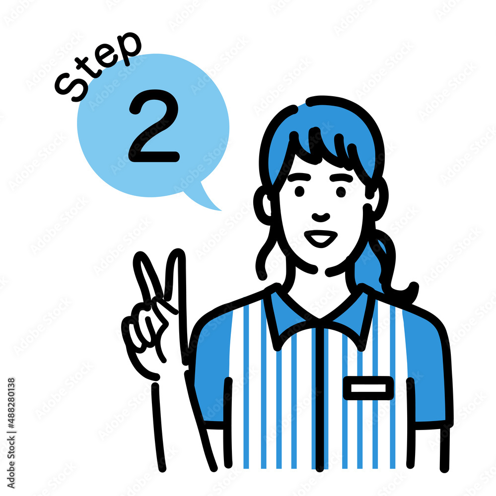 ステップ2 手順について説明をしているコンビニ店員の若い女性
ステップ2 手順について説明をしているコンビニ店員の若い女性
