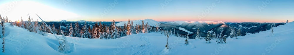 beautiful winter panorama in the mountains on a sunny day