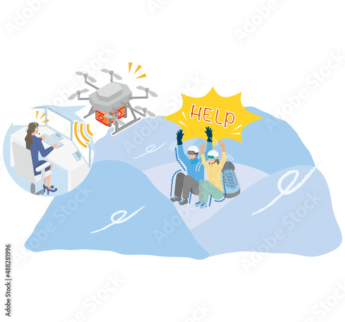 雪山で遭難している人物を発見するドローン
