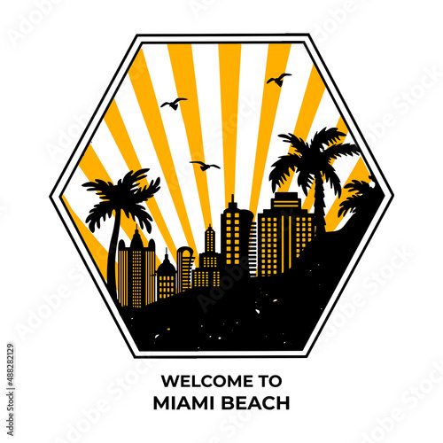 sunrise in big city vector. sun rays in big city vector. city ​​silhouette and palm trees vector logo in geometric frame. tropical landscape vector silhouette. eps