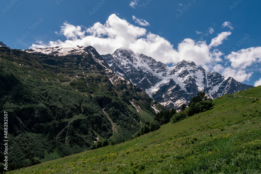Greater Caucasus Range.  Glacier Seven on mount Donguz-Orun in Elbrus region. Summer landscape