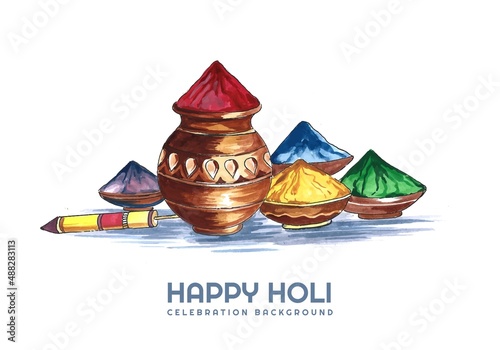 Colorful gulal in earthen bowl for happy holi card background