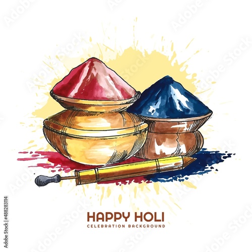 Colorful gulal in earthen bowl for happy holi card background