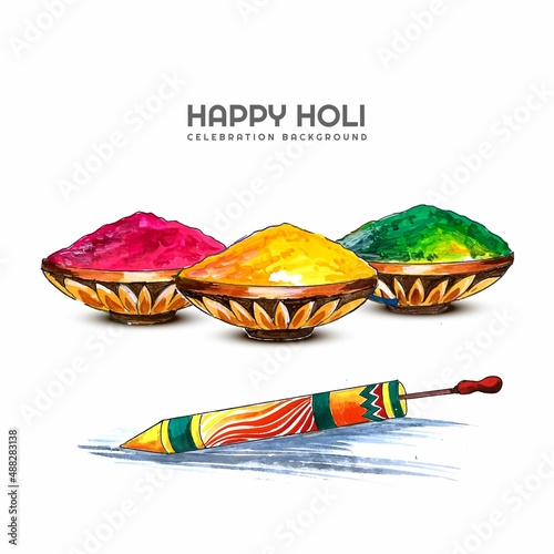 Hand draw colorful gulal in earthen bowl for happy holi card background