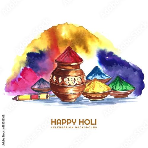 Hand draw colorful gulal in earthen bowl for happy holi card background