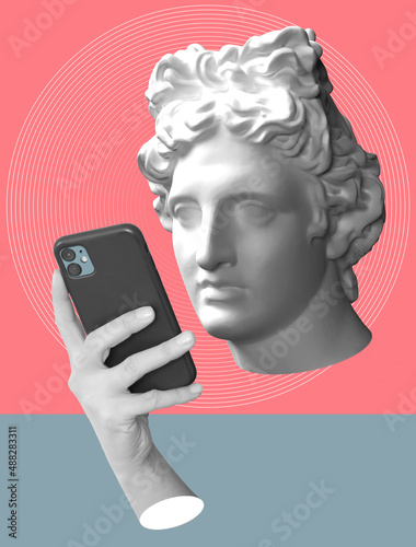 Contemporary art collage with antique statue head in a surreal style and hands holding a smartphone. Modern conceptual art poster  photo