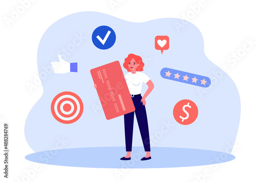 Happy customer holding huge credit card. Smiling woman and social media elements flat vector illustration. Online shopping, marketing, banking concept for banner, website design or landing web page