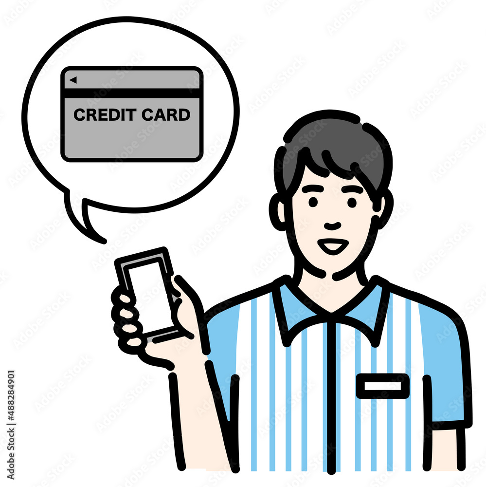 スマホを持ってクレジットカードの説明をしているコンビニ店員の若い男性
