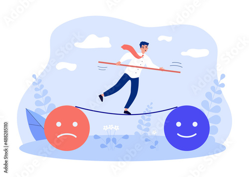 Office worker balancing on rope between good and bad mood. Man controlling emotions flat vector illustration. Mental health, harmony, psychology concept for banner, website design or landing web page