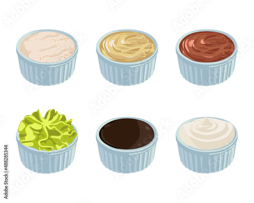 Different sauces in bowls cartoon illustration set. Mustard, guacamole, soy, wasabi, mayonnaise sauces and spicy chili dips isolated on white background. Food, dressing concept