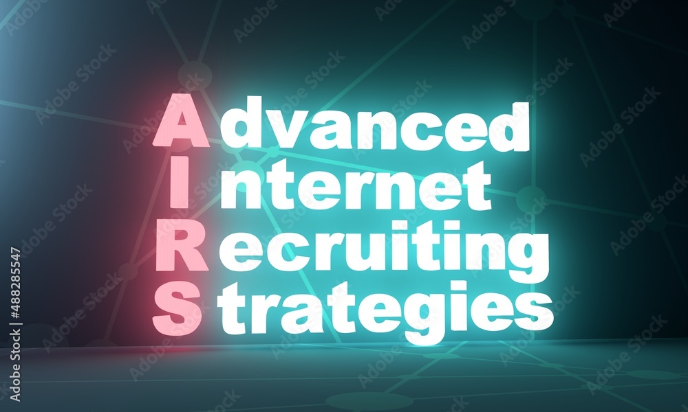 AIRS - Advanced Internet Recruiting Strategies acronym. Neon shine text. 3D Render. Online job search and human resource, recruitment concept.