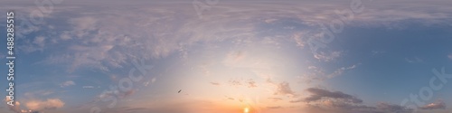 Panorama of a dark blue evening sky with pink Cirrus clouds. Seamless hdr 360 panorama in spherical equiangular format. Full zenith for 3D visualization, sky replacement for aerial drone panoramas.