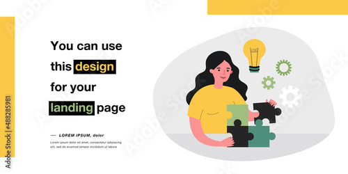 Happy female cartoon character putting pieces of puzzle together. Woman with new idea solving problem flat vector illustration. Strategy, solution, success concept for banner or landing web page