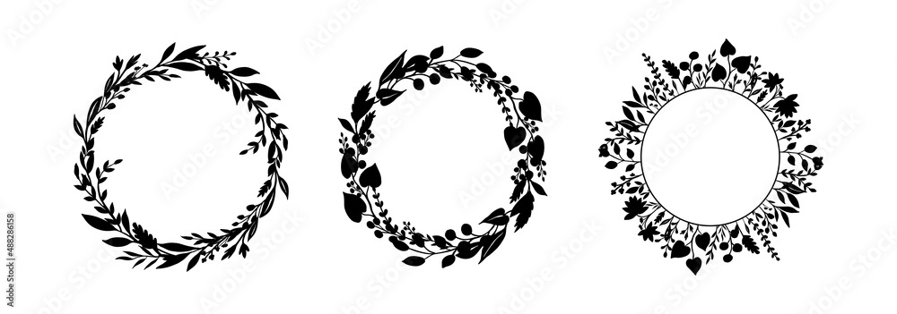 Set of silhouettes of wreaths of field herbs and plants. Black vector round frames isolated on white background. Medicinal flowers, twigs, leaves. The plant elements are hand drawn in ink. Set of silhouettes of wreaths of field herbs and plants. Black vector round frames isolated on white background. Medicinal flowers, twigs, leaves. The plant elements are hand drawn in ink.