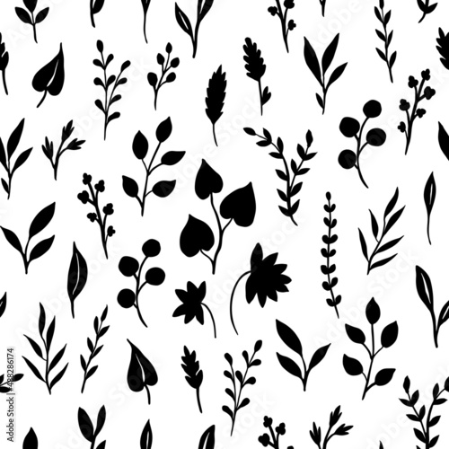 Black silhouettes of blooming plants on a white background. Vector flowers are drawn by hands on a white background. Botanical seamless pattern of inflorescences, buds, twigs, leaves. Spring mood.