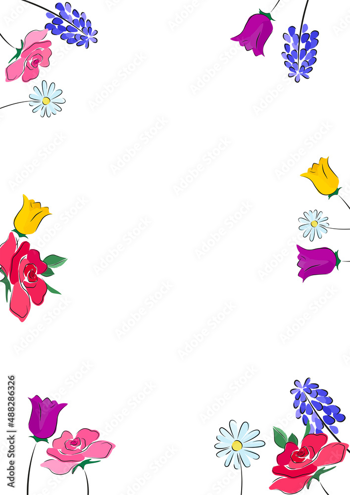 Spring flowers border of red roses, yellow and purple tulips, daisies and hyacinth. Colourful flower frame for invitations, weddings, Easter projects, gifts, cards Spring flowers border of red roses, yellow and purple tulips, daisies and hyacinth. Colourful flower frame for invitations, weddings, Easter projects, gifts, cards