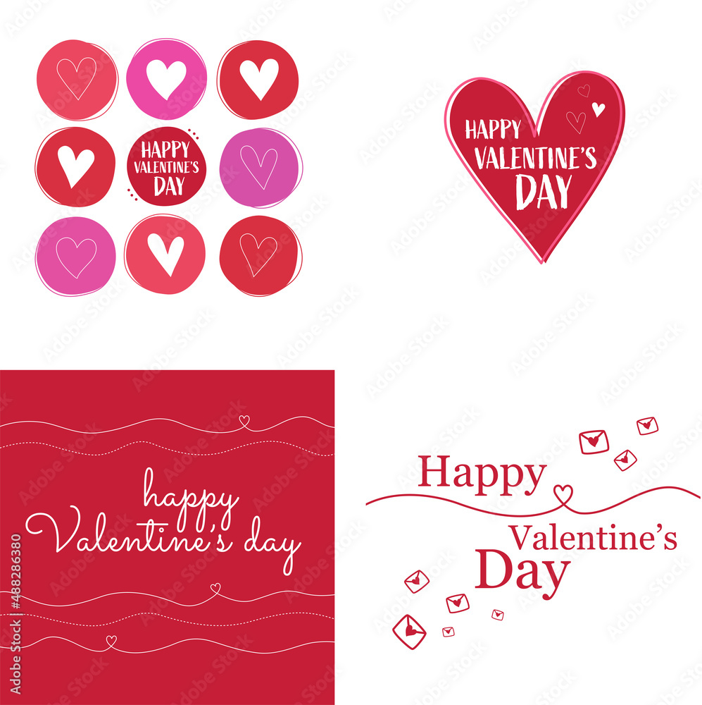 Set of 4 Valentine's Day cards, varied love hearts designs with Happy Valentine's Day messaging. Red, pink and white hand drawn romantic heart ribbons, love letters, abstract shapes