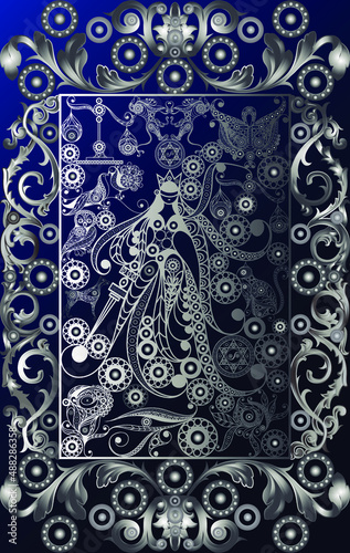 Graphic abstract design with occult tarot card. Major Arcana - The Justice. Suitable for invitation, flyer, sticker, poster, banner, card, label, cover, web. Vector illustration.