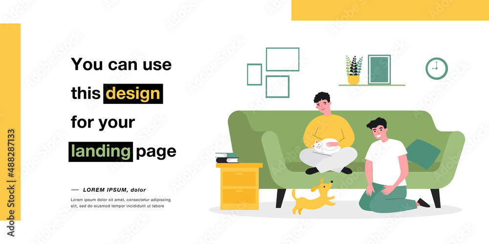 Gay couple sitting in living room with cute cat and dog. Man with kitty on sofa, guy playing with puppy on floor flat vector illustration. Family, pets concept for website design or landing web page