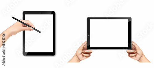 3d realistic vector icon.  Isolated on white background. UI UX template. Tablet with hand holding pen and holding pad.