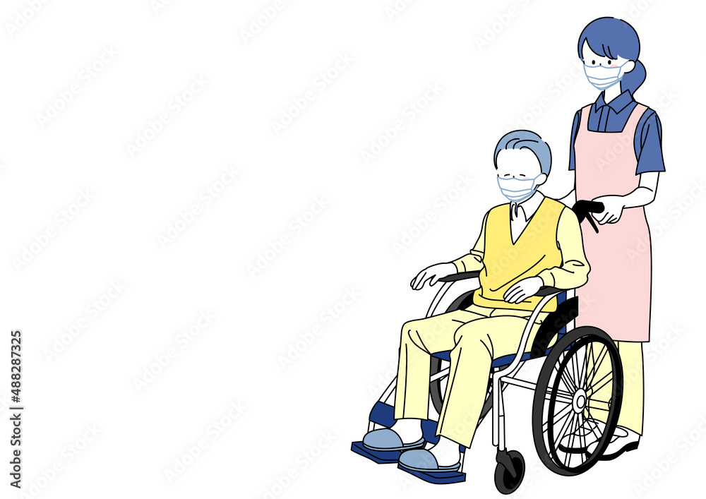 車椅子に乗るシニアと押す介護士 車椅子に乗るシニアと押す介護士
