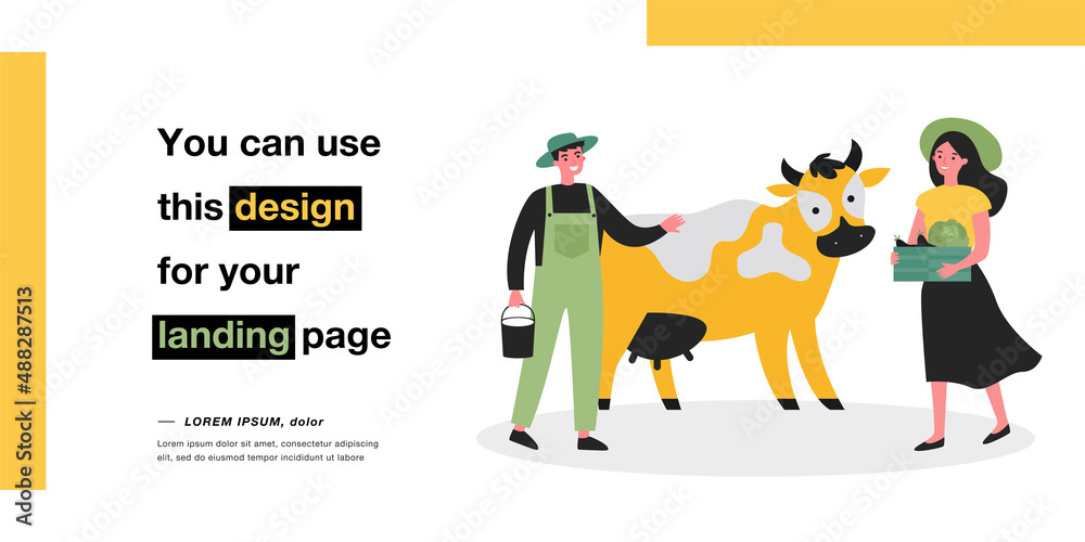 Family of farmers and cow on rustic farm. Woman holding box with harvest flat vector illustration. Family organic milk production, farming concept for banner, website design or landing web page