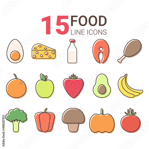 Set of colorful healthy food icons with outline