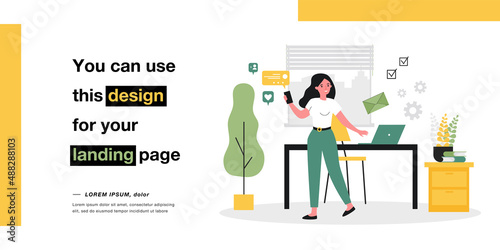 Female social media manager sending messages in office. Busy woman texting from phone flat vector illustration. Communication, marketing concept for banner, website design or landing web page