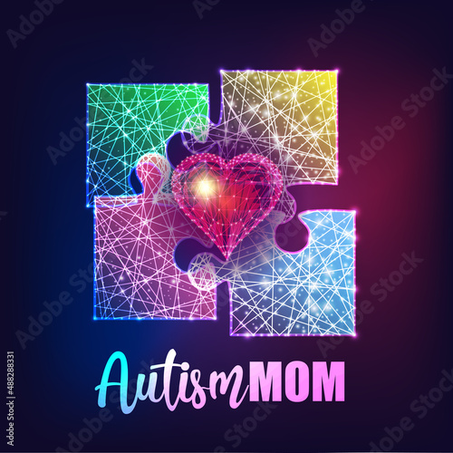 Autism awareness vector illustration. Phrase Autism Mom and 4 colorful puzzle pieces and red heart 
